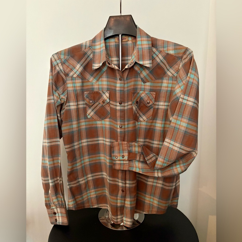 Wrangler Western Brown, Turquoise, White Plaid Classic Ladies Cowgirl Shirt Sz M